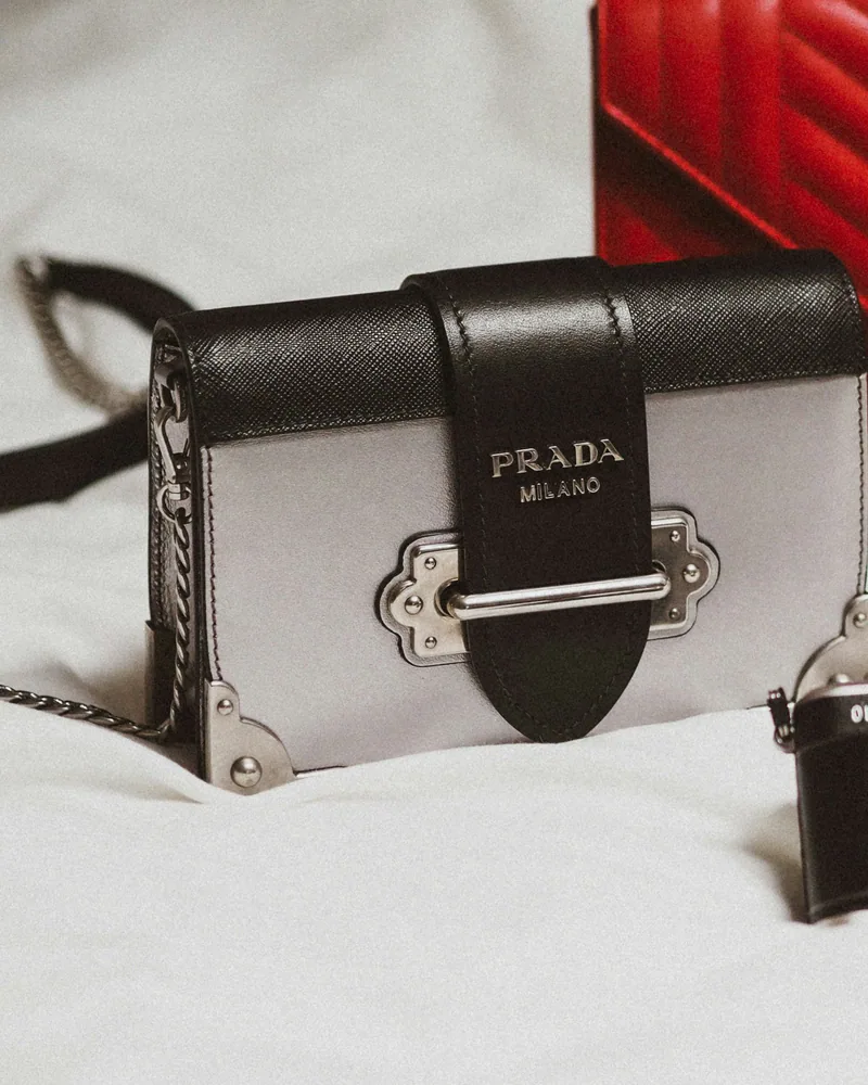 Prada Cahier Shoulder Bag, Silver and black