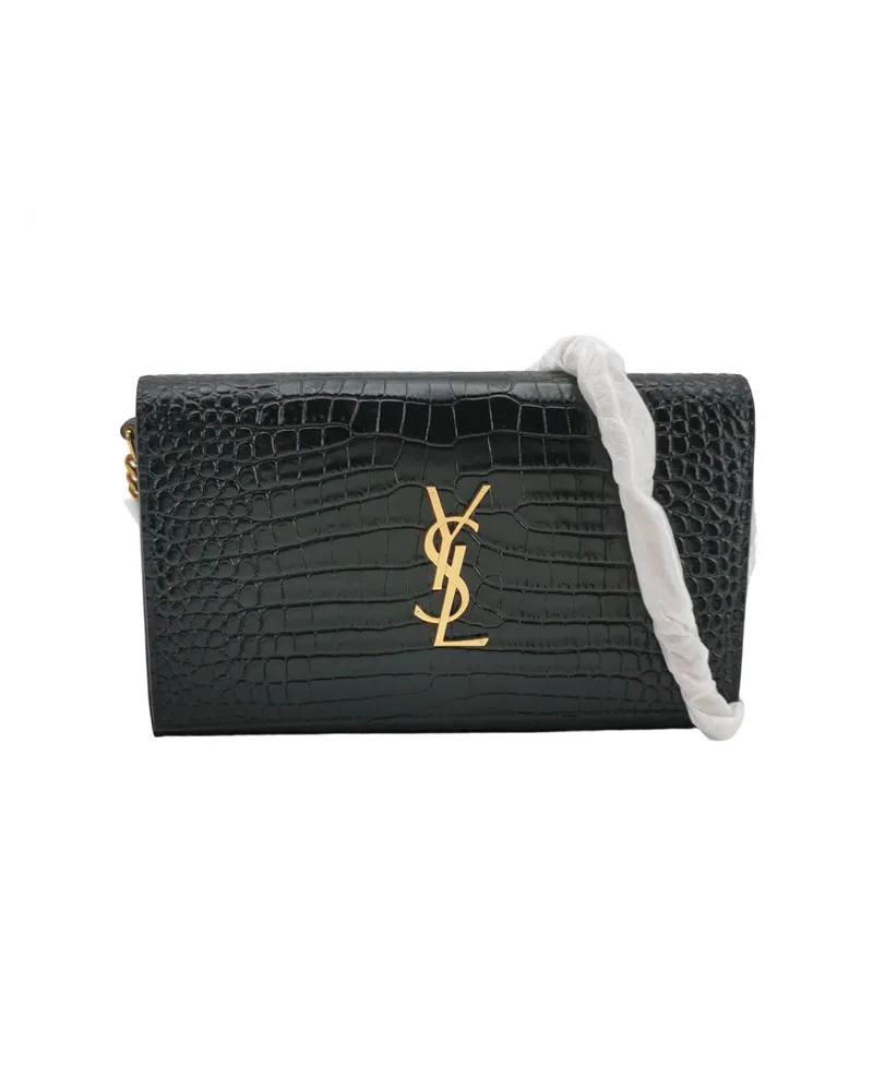 Saint Laurent Kate, Croc-Embossed, Black
