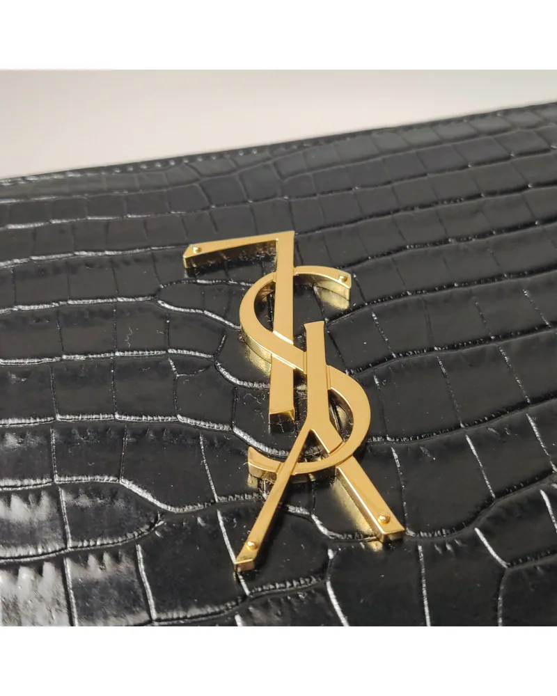 Saint Laurent Kate, Croc-Embossed, close up light wear on the hardware